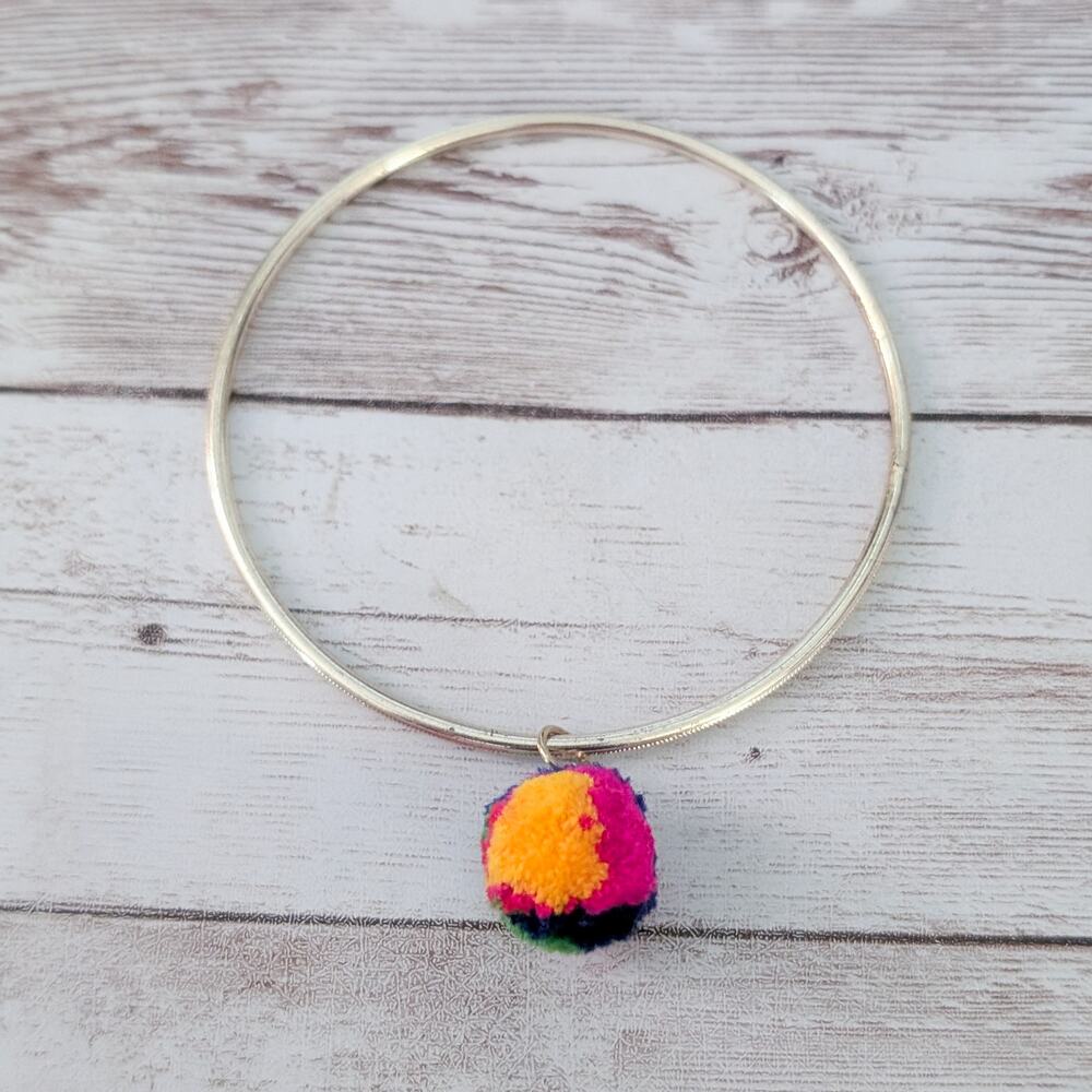 Vintage Bracelet 9" Gold Tone Bangle with Fluffy Multi Colored Ball Charm